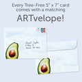 Load image into Gallery viewer, The envelope for Tree-Free’s Ripe Avocados card, along with the following text: “Every Tree-Free 5x7 card comes with a matching ARTvelope!”
