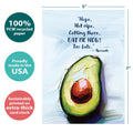 Load image into Gallery viewer, The cover of Tree-Free’s Ripe Avocados card with lines demonstrating its 5x7 dimensions, along with the following text: “100% PCW recycled paper, proudly made in the USA, sustainably printed on extra-thick card stock”
