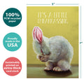 Load image into Gallery viewer, The cover of Tree-Free’s Embarrassed Bunny card with lines demonstrating its 5x7 dimensions, along with the following text: “100% PCW recycled paper, proudly made in the USA, sustainably printed on extra-thick card stock”