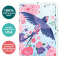 Load image into Gallery viewer, The cover of Tree-Free’s Whimsical Bird card with lines demonstrating its 5x7 dimensions, along with the following text: “100% PCW recycled paper, proudly made in the USA, sustainably printed on extra-thick card stock”