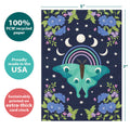 Load image into Gallery viewer, The cover of Tree-Free’s Lunar Moth card with lines demonstrating its 5x7 dimensions, along with the following text: “100% PCW recycled paper, proudly made in the USA, sustainably printed on extra-thick card stock”