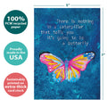 Load image into Gallery viewer, The cover of Tree-Free’s Caterpillar Butterfly card with lines demonstrating its 5x7 dimensions, along with the following text: “100% PCW recycled paper, proudly made in the USA, sustainably printed on extra-thick card stock”