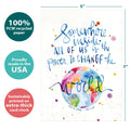 Load image into Gallery viewer, The cover of Tree-Free’s Change The World card with lines demonstrating its 5x7 dimensions, along with the following text: “100% PCW recycled paper, proudly made in the USA, sustainably printed on extra-thick card stock”