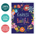 Load image into Gallery viewer, The cover of Tree-Free’s Kindness is Beautiful card with lines demonstrating its 5x7 dimensions, along with the following text: “100% PCW recycled paper, proudly made in the USA, sustainably printed on extra-thick card stock”