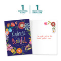Load image into Gallery viewer, The cover and inside of Tree-Free’s Kindness is Beautiful card, along with the following text: “1 greeting card, 1 matching envelope”