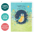 Load image into Gallery viewer, The cover of Tree-Free’s Bird Kindness card with lines demonstrating its 5x7 dimensions, along with the following text: “100% PCW recycled paper, proudly made in the USA, sustainably printed on extra-thick card stock”
