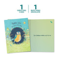 Load image into Gallery viewer, The cover and inside of Tree-Free’s Bird Kindness card, along with the following text: “1 greeting card, 1 matching envelope”
