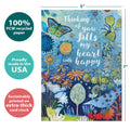 Load image into Gallery viewer, The cover of Tree-Free’s Fills My Heart card with lines demonstrating its 5x7 dimensions, along with the following text: “100% PCW recycled paper, proudly made in the USA, sustainably printed on extra-thick card stock”