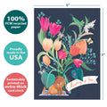 Load image into Gallery viewer, The cover of Tree-Free’s Lion Floral Bouquet card with lines demonstrating its 5x7 dimensions, along with the following text: “100% PCW recycled paper, proudly made in the USA, sustainably printed on extra-thick card stock”