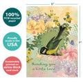 Load image into Gallery viewer, The cover of Tree-Free’s Sending Love Birdie card with lines demonstrating its 5x7 dimensions, along with the following text: “100% PCW recycled paper, proudly made in the USA, sustainably printed on extra-thick card stock”
