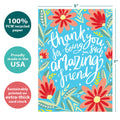 Load image into Gallery viewer, The cover of Tree-Free’s Amazing Friend card with lines demonstrating its 5x7 dimensions, along with the following text: “100% PCW recycled paper, proudly made in the USA, sustainably printed on extra-thick card stock”