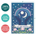 Load image into Gallery viewer, The cover of Tree-Free’s Magical Sky card with lines demonstrating its 5x7 dimensions, along with the following text: “100% PCW recycled paper, proudly made in the USA, sustainably printed on extra-thick card stock”