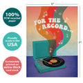 Load image into Gallery viewer, The cover of Tree-Free’s For The Record card with lines demonstrating its 5x7 dimensions, along with the following text: “100% PCW recycled paper, proudly made in the USA, sustainably printed on extra-thick card stock”