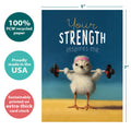 Load image into Gallery viewer, The cover of Tree-Free’s Strength Chick card with lines demonstrating its 5x7 dimensions, along with the following text: “100% PCW recycled paper, proudly made in the USA, sustainably printed on extra-thick card stock”