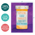 Load image into Gallery viewer, The cover of Tree-Free’s Good Thoughts Prescription card with lines demonstrating its 5x7 dimensions, along with the following text: “100% PCW recycled paper, proudly made in the USA, sustainably printed on extra-thick card stock”