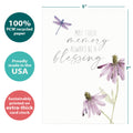 Load image into Gallery viewer, The cover of Tree-Free’s Memory A Blessing card with lines demonstrating its 5x7 dimensions, along with the following text: “100% PCW recycled paper, proudly made in the USA, sustainably printed on extra-thick card stock”