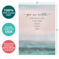 Load image into Gallery viewer, The cover of Tree-Free’s Invited to Be Held card with lines demonstrating its 5x7 dimensions, along with the following text: “100% PCW recycled paper, proudly made in the USA, sustainably printed on extra-thick card stock”