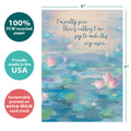 Load image into Gallery viewer, The cover of Tree-Free’s Listening Waterlilies card with lines demonstrating its 5x7 dimensions, along with the following text: “100% PCW recycled paper, proudly made in the USA, sustainably printed on extra-thick card stock”