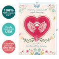 Load image into Gallery viewer, The cover of Tree-Free’s Pet Angel Wings card with lines demonstrating its 5x7 dimensions, along with the following text: “100% PCW recycled paper, proudly made in the USA, sustainably printed on extra-thick card stock”