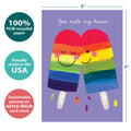 Load image into Gallery viewer, The cover of Tree-Free’s Rainbow Popsicles card with lines demonstrating its 5x7 dimensions, along with the following text: “100% PCW recycled paper, proudly made in the USA, sustainably printed on extra-thick card stock”