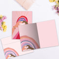 Load image into Gallery viewer, The inside of Tree-Free’s Heart Rainbow card, with the cover and envelope in the background.