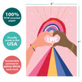 Load image into Gallery viewer, The cover of Tree-Free’s Heart Rainbow card with lines demonstrating its 5x7 dimensions, along with the following text: “100% PCW recycled paper, proudly made in the USA, sustainably printed on extra-thick card stock”