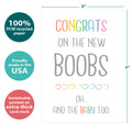 Load image into Gallery viewer, The cover of Tree-Free’s New Boobs card with lines demonstrating its 5x7 dimensions, along with the following text: “100% PCW recycled paper, proudly made in the USA, sustainably printed on extra-thick card stock”