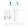 Load image into Gallery viewer, The cover and inside of Tree-Free’s New Boobs card, along with the following text: “1 greeting card, 1 matching envelope”
