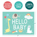 Load image into Gallery viewer, The cover of Tree-Free’s Hello Baby card with lines demonstrating its 5x7 dimensions, along with the following text: “100% PCW recycled paper, proudly made in the USA, sustainably printed on extra-thick card stock”