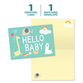 Load image into Gallery viewer, The cover and inside of Tree-Free’s Hello Baby card, along with the following text: “1 greeting card, 1 matching envelope”