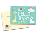 Load image into Gallery viewer, Cover of Hello Baby New Baby card (featuring serif text surrounded by artwork of various animals, balloons, hearts, and rainbows) and its matching envelope