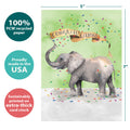 Load image into Gallery viewer, The cover of Tree-Free’s Confetti Elephant card with lines demonstrating its 5x7 dimensions, along with the following text: “100% PCW recycled paper, proudly made in the USA, sustainably printed on extra-thick card stock”