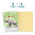 Load image into Gallery viewer, The cover and inside of Tree-Free’s Confetti Elephant card, along with the following text: “1 greeting card, 1 matching envelope”
