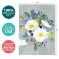 Load image into Gallery viewer, The cover of Tree-Free’s Floral Bouquet card with lines demonstrating its 5x7 dimensions, along with the following text: “100% PCW recycled paper, proudly made in the USA, sustainably printed on extra-thick card stock”