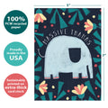 Load image into Gallery viewer, The cover of Tree-Free’s Massive Thanks card with lines demonstrating its 5x7 dimensions, along with the following text: “100% PCW recycled paper, proudly made in the USA, sustainably printed on extra-thick card stock”
