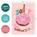Load image into Gallery viewer, The cover of Tree-Free’s Frosted Donut card with lines demonstrating its 5x7 dimensions, along with the following text: “100% PCW recycled paper, proudly made in the USA, sustainably printed on extra-thick card stock”