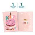 Load image into Gallery viewer, The cover and inside of Tree-Free’s Frosted Donut card, along with the following text: “1 greeting card, 1 matching envelope”
