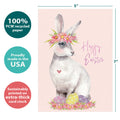 Load image into Gallery viewer, The cover of Tree-Free’s Pretty Hoppy Bunny card with lines demonstrating its 5x7 dimensions, along with the following text: “100% PCW recycled paper, proudly made in the USA, sustainably printed on extra-thick card stock”