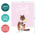 Load image into Gallery viewer, The cover of Tree-Free’s Sweet on You card with lines demonstrating its 5x7 dimensions, along with the following text: “100% PCW recycled paper, proudly made in the USA, sustainably printed on extra-thick card stock”