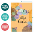 Load image into Gallery viewer, The cover of Tree-Free’s No Place Like Home card with lines demonstrating its 5x7 dimensions, along with the following text: “100% PCW recycled paper, proudly made in the USA, sustainably printed on extra-thick card stock”