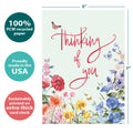 Load image into Gallery viewer, The cover of Tree-Free’s Rainbow Florals card with lines demonstrating its 5x7 dimensions, along with the following text: “100% PCW recycled paper, proudly made in the USA, sustainably printed on extra-thick card stock”