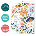 Load image into Gallery viewer, The cover of Tree-Free’s Bright Little Note card with lines demonstrating its 5x7 dimensions, along with the following text: “100% PCW recycled paper, proudly made in the USA, sustainably printed on extra-thick card stock”