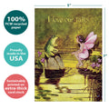 Load image into Gallery viewer, The cover of Tree-Free’s Fairy and Frog card with lines demonstrating its 5x7 dimensions, along with the following text: “100% PCW recycled paper, proudly made in the USA, sustainably printed on extra-thick card stock”