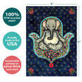 Load image into Gallery viewer, The cover of Tree-Free’s Meditating Elephant card with lines demonstrating its 5x7 dimensions, along with the following text: “100% PCW recycled paper, proudly made in the USA, sustainably printed on extra-thick card stock”