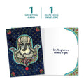 Load image into Gallery viewer, The cover and inside of Tree-Free’s Meditating Elephant card, along with the following text: “1 greeting card, 1 matching envelope”