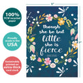 Load image into Gallery viewer, The cover of Tree-Free’s Little And Fierce card with lines demonstrating its 5x7 dimensions, along with the following text: “100% PCW recycled paper, proudly made in the USA, sustainably printed on extra-thick card stock”