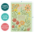 Load image into Gallery viewer, The cover of Tree-Free’s Precious Blooms card with lines demonstrating its 5x7 dimensions, along with the following text: “100% PCW recycled paper, proudly made in the USA, sustainably printed on extra-thick card stock”