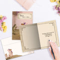 Load image into Gallery viewer, The inside of Tree-Free’s Forget the Fairytale card, with the cover and envelope in the background.
