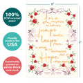 Load image into Gallery viewer, The cover of Tree-Free’s Love and Hope card with lines demonstrating its 5x7 dimensions, along with the following text: “100% PCW recycled paper, proudly made in the USA, sustainably printed on extra-thick card stock”