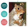 Load image into Gallery viewer, The cover of Tree-Free’s Nuts Squirrel card with lines demonstrating its 5x7 dimensions, along with the following text: “100% PCW recycled paper, proudly made in the USA, sustainably printed on extra-thick card stock”